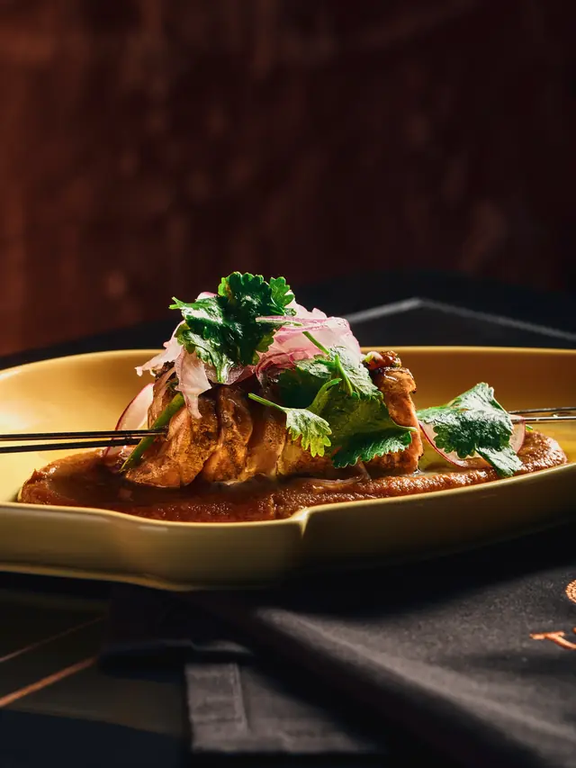 Atlantic salmon skewer with romesco